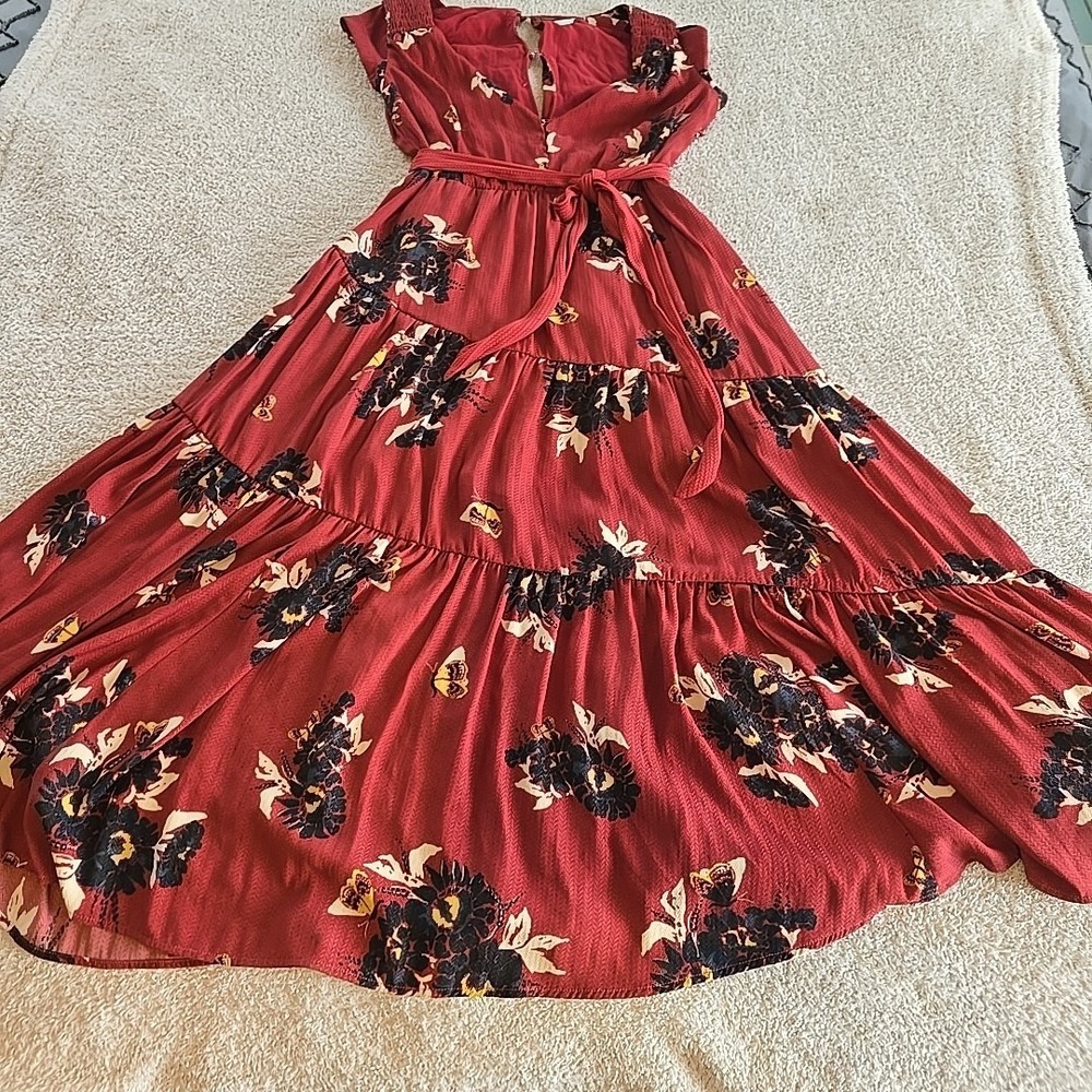 Free People All I Got Tiered Maxi Dress Size 0 Rust Butterfly Floral Front Tie‎